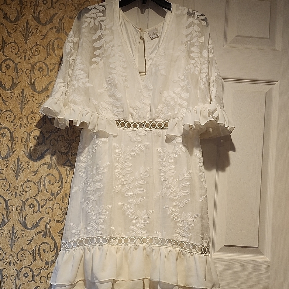 Selfie Plunge Neck Mini Sundress with Flutter Sleeves